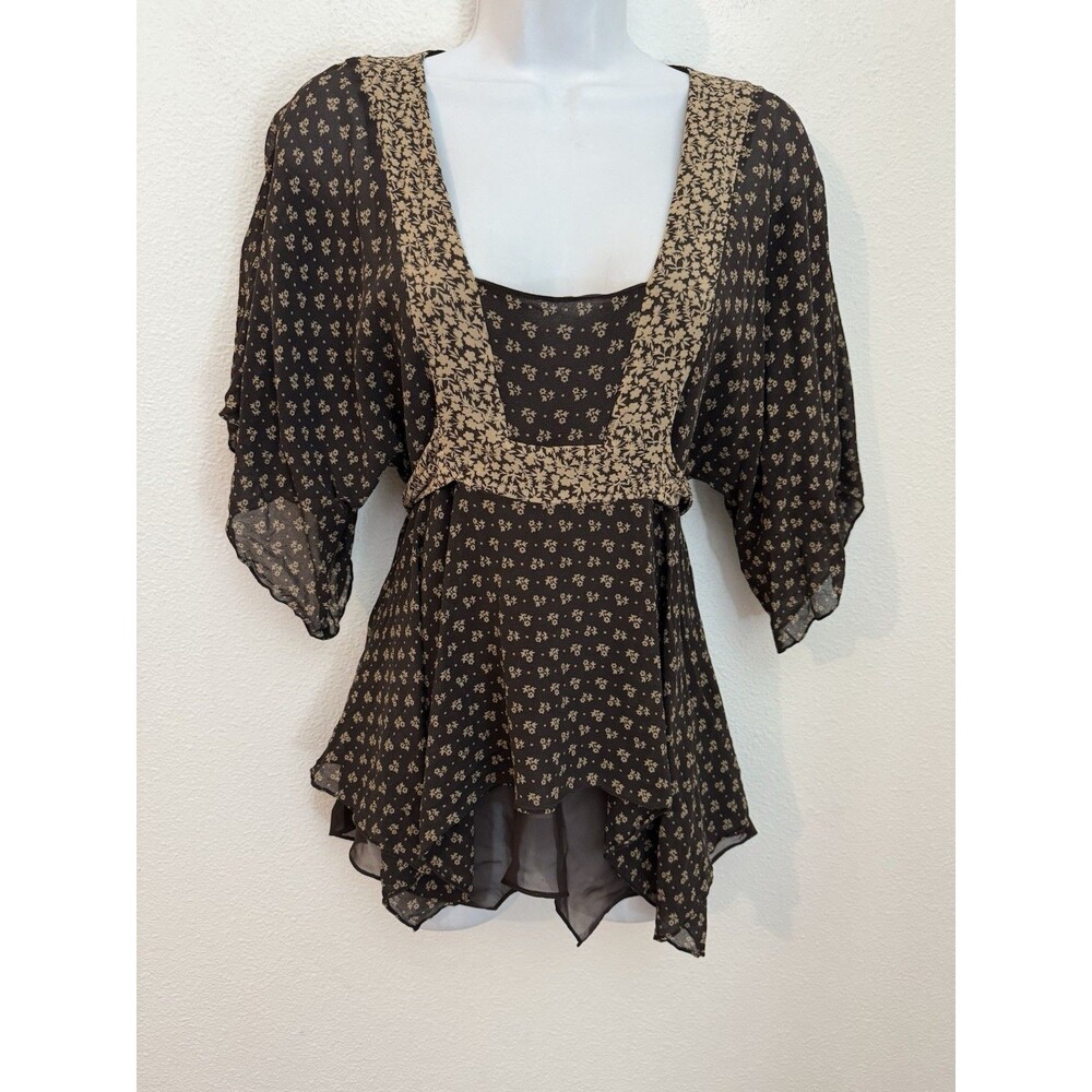 Michael Kors Blouse Flutter Sleeve Babydoll Tie Back Size M Silk 90s Floral
